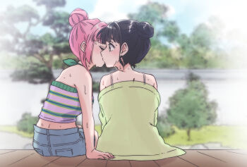 2girls anyoji_hime anyoji_hime_(sleepover_at_ginko&#039;s) bare_shoulders black_hair blue_shorts camisole cardigan commentary_request donpa green_cardigan green_shirt hair_bun halterneck highres kiss link!_like!_love_live! lone_nape_hair love_live! midriff momose_ginko momose_ginko_(sleepover_at_ginko&#039;s) multiple_girls off_shoulder official_alternate_costume outdoors pink_hair pink_nails purple_shirt shirt short_hair short_shorts shorts sidelocks single_hair_bun sitting sweat veranda virtual_youtuber white_camisole yuri