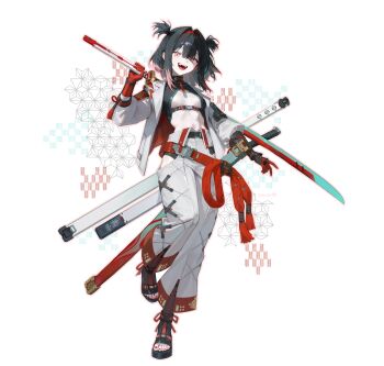 1girl absurdres black_survival commentary_request discuzz eternal_return:_black_survival green_eyes green_hair hair_between_eyes highres hisui_(black_survival) looking_at_viewer medium_hair multicolored_eyes navel open_mouth pink_eyes sharp_teeth smile solo teeth two-tone_eyes white_background