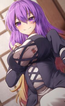 2girls absurdres belly black_dress boots breasts brown_boots brown_hair climbing closed_mouth commentary_request commission double-parted_bangs dress dutch_angle eyelashes full_body gradient_hair hair_between_eyes hand_on_own_chest highres hijiri_byakuren huge_breasts impossible_clothes impossible_dress layered_dress long_hair long_sleeves looking_at_viewer mini_person minigirl multicolored_hair multiple_girls pants person_on_breasts plump purple_eyes purple_hair red_dress sitting skeb_commission sleeveless sleeveless_dress smile taut_clothes taut_dress tight_clothes tight_dress toramaru_shou touhou turtleneck turtleneck_dress two-tone_hair white_dress white_pants yosshy