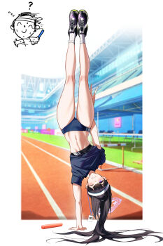 1girl absurdres alternate_costume black_hair black_shirt blue_archive blue_buruma blush border buruma clothes_lift dong_(art_woodong) doodle_sensei_(blue_archive) full_body grin halo handstand highres lanyard legs long_hair looking_at_viewer navel one_arm_handstand one_eye_closed outside_border purple_eyes purple_halo running_track sensei_(blue_archive) shirt shirt_lift short_sleeves smile socks sports_bra_peek stomach sumire_(blue_archive) thighs upside-down v very_long_hair white_border white_socks