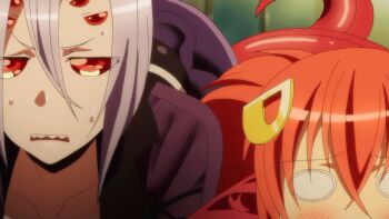 10s 2girls animated animated_gif arthropod_girl lamia long_hair miia_(monster_musume) monster_girl monster_musume_no_iru_nichijou multiple_girls rachnera_arachnera red_eyes sharp_teeth spider_girl teeth