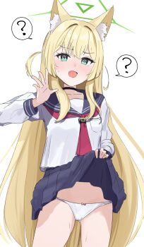 1girl ? @_@ animal_ear_fluff animal_ears black_choker black_sailor_collar black_skirt blonde_hair blue_archive blush bow bow_panties choker clothes_lift commentary cowboy_shot eyelashes fox_ears fox_girl green_eyes green_halo hair_between_eyes halo hand_up highres kurumi_(blue_archive) lifting_own_clothes long_hair long_sleeves looking_at_viewer miniskirt nayamy nose_blush outstretched_hand panties pink_bow pleated_skirt sailor_collar school_uniform serafuku shirt sidelocks simple_background skirt skirt_lift solo speech_bubble spoken_question_mark straight_hair sweatdrop two_side_up underwear v-shaped_eyebrows very_long_hair white_background white_panties white_shirt