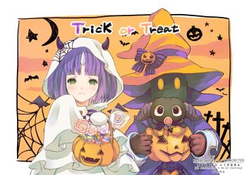 1boy 1girl :3 bat_(animal) black_mage_(final_fantasy) blue_coat border brown_gloves candy coat demon_horns eiko_carol final_fantasy final_fantasy_ix food gloves green_eyes halloween_bucket halloween_costume hat highres hood hood_up horns jack-o&#039;-lantern light_blush lollipop moogle orange_background orange_hat parted_bangs purple_hair quichi_91 single_horn sleeves_past_fingers sleeves_past_wrists trick_or_treat twintails upper_body vivi_ornitier white_border wizard_hat yellow_eyes