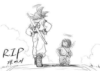 2boys absurdres black_hair boots clear_sky clenched_hands clothes_writing cloud dated dougi dragon_ball dragonball_z facing_away from_behind grass greyscale halo hands_on_own_hips height_difference highres horizon kozue2080 male_focus monochrome multiple_boys nib_pen_(object) outdoors pants path pen rest_in_peace_(phrase) road robot ruyi_jingu_bang shadow sheath sheathed side-by-side sky son_goku spiked_hair standing toned toned_male toriyama_akira_(character) traditional_halo undershirt walking weapon wide_shot wristband