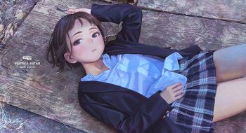 1girl arm_up blazer blue_jacket blush brown_eyes brown_hair collared_shirt expressionless forehead jacket looking_at_viewer lying murata_range on_back original photo_background plaid_clothes plaid_skirt pleated_skirt shirt short_hair sidelocks skirt solo thighs white_shirt wooden_plate