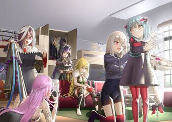 Rule 34 | 6+girls, absurdres, bed, black hair, blonde hair, blue eyes, bungo yayoi, commentary request, dressing, dressing another, eyepatch, green eyes, grey hair, heaven burns red, highres, kanzaki adelheid, long hair, metako (slime shop), multiple girls, mummy costume, pink hair, purple hair, red eyes, sakuraba seira, satsuki mari, tenne miko, wardrobe, yamawaki bon ivar