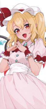 1girl :d absurdres ascot blonde_hair bow brooch buttons cosplay cowboy_shot dress fang flandre_scarlet frilled_shirt_collar frills gotoh_(nekocat) hair_between_eyes hat hat_bow highres jewelry long_hair looking_at_viewer mob_cap nail_polish one_side_up open_mouth pink_dress pointy_ears puffy_short_sleeves puffy_sleeves red_ascot red_bow red_nails remilia_scarlet remilia_scarlet_(cosplay) scan short_sleeves simple_background skin_fang smile solo steepled_fingers third-party_source touhou white_background white_hat wings wrist_cuffs