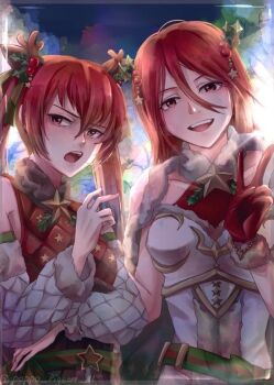 2girls antlers armor bare_shoulders belt blush breastplate breasts cape christmas_star collarbone commentary_request cordelia_(fire_emblem) cordelia_(winter)_(fire_emblem) deer_antlers detached_sleeves fake_antlers fire_emblem fire_emblem_awakening fire_emblem_fates fire_emblem_heroes fur_trim gloves hair_ornament holly_hair_ornament horns long_hair looking_at_viewer mother_and_daughter multiple_girls nintendo official_alternate_costume open_mouth red_eyes red_gloves red_hair red_tunic reindeer_antlers selena_(fire_emblem_fates) selena_(winter)_(fire_emblem_fates) single_glove sleeveless small_breasts smile star_(symbol) star_ornament sturm_fe_k11 teeth tunic twintails upper_teeth_only v very_long_hair white_cape
