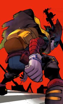 1boy angry animal_ears armor armored_boots backpack bag bandages bent_over bodysuit boku_no_hero_academia boots building cape cleaned clenched_hand crosswalk curly_hair electrical_pole fighting_stance foreshortening gloves glowing glowing_eyes green_bodysuit green_eyes green_hair green_legwear green_pants highres horikoshi_kouhei knee_pads looking_at_viewer looking_back looking_over_shoulder male_focus mask midoriya_izuku official_art pants power_lines rabbit_ears red_background red_boots red_sky road short_hair silhouette sky solo solo_focus spoilers standing street textless_version third-party_edit tool_belt torn_clothes white_gloves wire yellow_cape zipper zipper_pull_tab