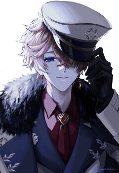 1boy absurdres artist_name black_gloves blue_eyes closed_mouth coat coat_on_shoulders collared_shirt crossed_bangs earrings floating_earrings fur-trimmed_coat fur_trim genshin_impact glint gloves hair_between_eyes hair_over_one_eye hand_on_headwear hand_up hat hat_over_one_eye highres jacket jewelry lapels long_sleeves male_focus necktie one_eye_covered orange_hair peaked_cap red_necktie red_shirt shirt short_hair simple_background single_earring smile solo tartaglia_(genshin_impact) twitter_username upper_body white_background white_coat white_hat white_jacket wing_collar yugonm222