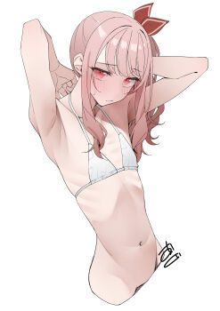 1other absurdres akiyama_mizuki armpits arms_behind_head bikini blush highres kawai_ritsu_(rits_meg) looking_at_viewer navel other_focus pink_eyes pink_hair project_sekai ribs shy side_ponytail skinny smile solo stomach swimsuit white_bikini
