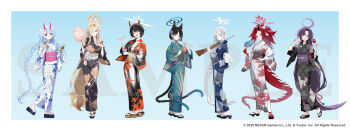 6+girls absurdly_long_hair animal_ear_fluff animal_ears bag black_hair black_kimono black_sash blonde_hair blue_archive blue_hair blue_halo blue_kimono bottle bow braid broken_horn candy_apple cat_ears cat_girl cat_tail chise_(blue_archive) cotton_candy cup demon_girl demon_horns dragon_girl dragon_horns dragon_tail extra_ears floral_print floral_print_kimono flower food fox_ears fox_girl gun hair_bow hair_flower hair_ornament hair_over_one_eye hair_ribbon hairband halo hand_fan highres holding holding_bag holding_bottle holding_candy_apple holding_cotton_candy holding_cup holding_fan holding_food holding_gun holding_smoking_pipe holding_weapon horns hyakkaryouran_(blue_archive) ice_cream japanese_clothes kaho_(blue_archive) kikyou_(blue_archive) kimono long_hair looking_at_viewer multiple_girls nagusa_(blue_archive) niya_(blue_archive) official_alternate_costume official_alternate_hairstyle official_art parted_bangs pink_sash ponytail print_kimono purple_flower purple_hair purple_halo purple_sash red_bag red_hair red_halo red_kimono renge_(blue_archive) ribbon rifle sandals sash short_hair single_horn smoking_pipe snowflake_hair_ornament tabi tail twin_braids usuke_(u_skeeep) very_long_hair weapon white_flower white_hair white_halo white_kimono white_ribbon white_sash yellow_bow yellow_hairband yellow_halo yukari_(blue_archive)