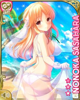 Rule 34 | 1girl, ass, bare shoulders, bikini, blonde hair, blush, bow, breasts, bridal veil, butt crack, character name, cleavage, closed mouth, flower, frilled bikini, frills, girlfriend (kari), gloves, hair flower, hair ornament, large breasts, light brown hair, long hair, looking at viewer, looking back, navel, ocean, qp:flapper, red eyes, sasahara nonoka, skirt, smile, standing, swimsuit, veil, white bikini, white bow, white gloves