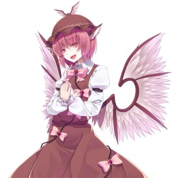 1girl :d animal_ear_piercing animal_ears bird_ears bird_wings bow bowtie brown_dress brown_eyes brown_hat collared_shirt commentary_request cowboy_shot crote dress dress_bow earrings feathered_wings frilled_sleeves frills half-closed_eyes hand_on_own_chest hands_up hat highres jewelry large_variant_set long_dress long_sleeves mob_cap mystia_lorelei open_mouth pinafore_dress pink_bow pink_bowtie pink_hair red_eyes shirt short_hair single_earring sleeveless sleeveless_dress smile solo standing tachi-e teeth touhou transparent_background upper_teeth_only variant_set white_shirt wings
