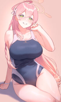 1girl arm_support bare_arms bare_legs bare_shoulders black_one-piece_swimsuit blue_archive blue_one-piece_swimsuit blush bow braid breasts clenched_hand clothes_writing collarbone commentary competition_school_swimsuit covered_navel cowboy_shot double-parted_bangs emblem gradient_background gradient_hair green_eyes grey_background groin hair_between_eyes hair_bow halo hanako_(blue_archive) hand_up head_tilt highleg highleg_one-piece_swimsuit highres huge_breasts leaning_to_the_side legs_together long_hair looking_at_viewer multicolored_hair one-piece_swimsuit orange_halo pink_hair pink_halo revision ribbon school_swimsuit shiny_skin signature single_braid sitting smile solo swimsuit thighs trinity_general_school_swimsuit ubo_(ubo_tales) very_long_hair white_bow white_ribbon wrist_ribbon