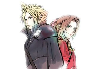 1boy 1girl aerith_gainsborough aqua_eyes armor back-to-back black_sleeves black_vest blonde_hair braid braided_ponytail brown_hair closed_mouth cloud_strife fenrir_(final_fantasy) final_fantasy final_fantasy_vii final_fantasy_vii:_advent_children green_eyes hair_ribbon jacket light_smile miotoaki parted_bangs pauldrons pink_ribbon popped_collar red_jacket ribbon short_hair shoulder_armor sidelocks single_braid single_pauldron single_sleeve spiked_hair upper_body vest white_background