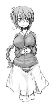 10s 1girl blush braid breasts casual female_focus highres koppamu large_breasts long_hair looking_at_viewer mirim monochrome ponytail queen&#039;s_blade queen&#039;s_blade_rebellion single_braid smile solo very_long_hair wide_hips