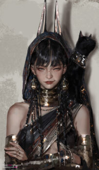 1girl aegyo_sal animal animal_ear_hood animal_on_shoulder bead_necklace beads black_hair blunt_bangs braid breasts cat chinese_commentary cloak collar commentary_request crossed_arms earrings facing_viewer fake_animal_ears gauntlets green_eyes grey_eyes half-closed_eye heterochromia highres hood hood_up hooded_cloak jewelry long_hair necklace original painterly scar scar_on_face smile smirk solo straight-on toga underboob upper_body wlop