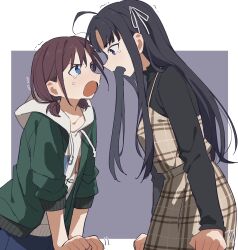 Rule 34 | 2girls, ahoge, angry, awa subaru, black hair, black shirt, border, brown dress, brown hair, chinese commentary, coldcat., commentary request, commission, crying, crying with eyes open, dress, eye contact, girls band cry, green jacket, hair ribbon, highres, hood, hood down, hooded jacket, iseri nina, jacket, long hair, long sleeves, looking at another, low twintails, multiple girls, open clothes, open jacket, open mouth, outside border, parted bangs, pinafore dress, purple eyes, ribbon, second-party source, shirt, short hair, short twintails, sidelocks, sleeveless, sleeveless dress, tears, twintails, white border, white ribbon