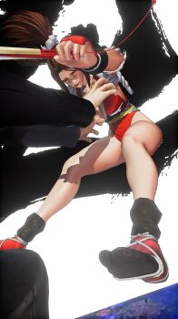 1boy 1girl 3d ass bare_legs breasts cleavage hand_fan high_ponytail highleg highleg_leotard highres holding holding_fan huge_ass large_breasts leotard leotard_under_clothes lips long_hair moaning ponytail red_leotard ryona screencap shiny_skin shiranui_mai skindentation snk the_king_of_fighters the_king_of_fighters_xv third-party_edit very_long_hair violence wide_hips