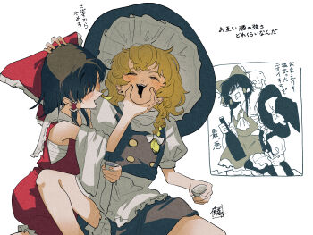 2girls absurdres alcohol apron armpits ascot bare_shoulders black_hair black_skirt black_vest blonde_hair blush bottle bow braid brown_hair cheek_squash chest_sarashi choko_(cup) closed_eyes collar commentary_request cup detached_sleeves drunk face_squeeze frilled_bow frilled_hair_tubes frilled_hat frills hair_bow hair_tubes hakurei_reimu hands_on_another&#039;s_cheeks hands_on_another&#039;s_face hat hat_bow hat_ribbon highres holding holding_bottle kirisame_marisa multiple_girls red_bow red_shirt red_skirt ribbon sake sake_bottle sarashi shirt side_braid single_braid skirt skirt_set sokura_(mochichitose) touhou translation_request turtleneck vest waist_apron white_background white_bow white_collar witch_hat