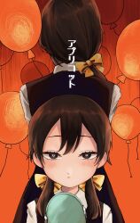 Rule 34 | 2girls, apricot (vocaloid), back-to-back, balloon, black dress, blush, bow, brown eyes, brown hair, closed mouth, collared shirt, commentary request, cowboy shot, dress, facing away, hair bow, hair over shoulder, hand mirror, height difference, highres, ishikawa wawa, long hair, looking at viewer, low ponytail, low twintails, mirror, multiple girls, multiple hair bows, orange background, pinafore dress, shirt, sleeveless, sleeveless dress, song name, straight-on, time paradox, translation request, twintails, vocaloid, white shirt, yellow bow