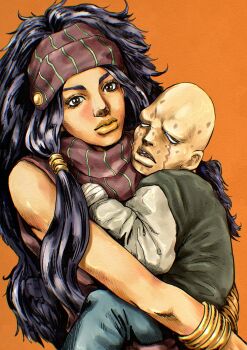 1boy 1girl absurdres aged_down araki_hirohiko_(style) bald bandaged_hand bandages black_hair blank_eyes blue_pants bracelet brown_eyes brown_headband brown_shirt carrying carrying_person child commentary_request enya_geil facial_mark gold_bracelet green_shirt hair_tubes headband highres j._geil jewelry jojo_no_kimyou_na_bouken kaib0y lips liver_spots long_hair long_sleeves looking_at_viewer low-tied_sidelocks missing_tooth mother_and_son no_eyebrows no_pupils open_mouth orange_background orange_lips pants shirt sidelocks sleeveless sleeveless_shirt stardust_crusaders striped_clothes vertical-striped_clothes white_sleeves