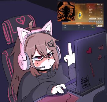 1girl ahoge alternate_costume alternate_hairstyle animal_ear_headphones animal_ears black_sweater blush broken_heart broken_heart_hair_ornament brown_hair casual cat_ear_headphones cat_ears chair closed_mouth computer computer_mouse desk evil_neuro-sama fake_animal_ears food frown gaming_chair hair_between_eyes hair_down harpoon headphones headset heart indoors jitome laptop long_hair long_sleeves looking_at_screen middle_finger neuro-sama pizza red_eyes solo sticker sweater swivel_chair turtle v-shaped_eyebrows vedal_ai virtual_youtuber zerudawaa