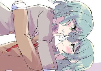 2girls bang_dream! blush closed_mouth commentary_request eye_contact green_eyes green_hair grey_jacket grin guildlay hanasakigawa_school_uniform hand_on_another's_face haneoka_school_uniform highres hikawa_hina hikawa_sayo incest jacket long_hair looking_at_another medium_hair multiple_girls school_uniform siblings simple_background sisters smile white_background yuri