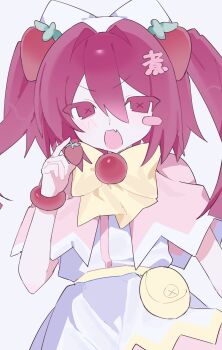 Rule 34 | 1girl, belt, belt pouch, bow, bracelet, capelet, colored eyelashes, commentary request, dress, fang, food, food-themed hair ornament, fruit, hair bow, hair intakes, hair ornament, highres, holding, holding food, holding fruit, jewelry, kanji hair ornament, nial, open mouth, original, pink capelet, pink eyes, pink hair, pouch, skin fang, smile, solo, strawberry, strawberry hair ornament, symbol-shaped pupils, twintails, upper body, v-shaped eyebrows, white bow, white dress, white trim, x-shaped pupils, yellow belt, yellow trim