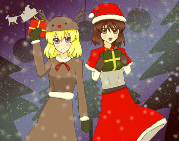 :d alternate_hair_ornament animal_costume animal_hat blonde_hair bow brown_dress brown_eyes brown_gloves brown_hair capelet christmas closed_mouth deer_hat dress gift gloves green_bow green_gloves grey_shirt hair_between_eyes hat highres holding holding_gift imori15p looking_at_viewer maribel_hearn open_mouth pine_tree red_capelet red_ribbon red_skirt reindeer_costume ribbon santa_claus santa_hat shirt short_hair skirt smile touhou tree usami_renko