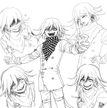 arrow_(projectile) arrow_in_body checkered_clothes checkered_scarf danganronpa_(series) danganronpa_v3:_killing_harmony evil_smile greyscale grin hair_between_eyes hand_on_own_arm hand_on_own_hip hand_up highres injury laughing looking_at_viewer monochrome multiple_views oma_kokichi outstretched_arms pants scarf shao_ro shirt short_hair sigh smile sweat teeth thigh_strap torn_clothes torn_shirt