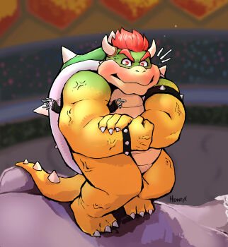 Rule 34 | 1boy, absurdres, armlet, artist name, bara, biceps, bowser, bracelet, commentary, derivative work, english commentary, flexing, furry, furry male, hennryk, highres, horns, jewelry, looking at viewer, male focus, mario (series), muscular, muscular male, nintendo, notice lines, open mouth, puffy cheeks, red eyes, red hair, spiked armlet, spiked bracelet, spiked shell, spiked tail, spikes, tail, the super mario galaxy movie