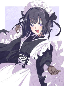 1girl :d apron black_bow black_hair black_kimono blush border bow brown_gloves character_request copyright_request cowboy_shot dated fishnet_gloves fishnets frilled_sleeves frills gloves hair_bow hands_up highres japanese_clothes kimono long_sleeves looking_at_viewer maid maid_headdress open_mouth outside_border purple_background purple_eyes serizawa_serizane short_hair simple_background smile solo twitter_username watermark white_apron white_border wide_sleeves