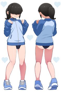 1boy absurdres ass black_hair blue_jacket bulge commentary_request hair_over_eyes heart highres jacket original ponytail salsiccia_makino shoes short_hair sidelocks simple_background sneakers swimsuit swimsuit_under_clothes track_jacket trap white_background