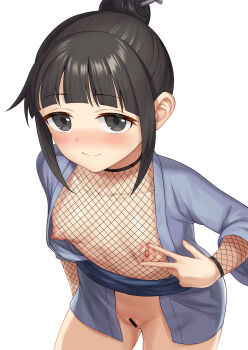 1girl arm_at_side bar_censor black_eyes black_hair black_shirt blue_shirt breasts censored closed_mouth collarbone cowboy_shot dot_nose female_focus fishnet_top fishnets from_above gosurori_(gothiclolita124c41) hair_bun hand_on_own_chest japanese_clothes kunoichi_tsubaki_no_mune_no_uchi leaning_forward loli long_sleeves looking_at_viewer looking_up matching_hair/eyes mokuren_(kunoichi_tsubaki_no_mune_no_uchi) naughty_face open_clothes open_shirt presenting_own_body pussy shirt short_hair simple_background single_hair_bun small_breasts smile solo standing white_background