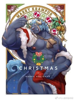 1boy abs ass bara border bulge christmas christmas_wreath covering_crotch covering_privates curled_horns facial_hair flexing furry furry_male goat_boy grey_fur horns huge_pectorals krampus_(housamo) large_hands male_focus mature_male medium_hair muscular muscular_male mutton_chops nipples official_alternate_costume ornate_border santa_costume scar scar_across_eye scar_on_face solo thick_eyebrows thick_thighs thighs tokyo_houkago_summoners tusks uken_l wreath