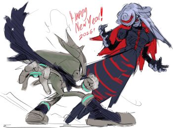 1girl 2026 aged_up alternate_form alternate_hair_length alternate_hairstyle arms_up black_boots black_dress black_jacket boots brown_scarf clenched_hand colored_inner_hair commentary dated dress dynamic_pose energy english_commentary expressionless floating full_body furry furry_female gloves glowing hair_over_one_eye happy_new_year hedgehog_boy highres jacket juliet_sleeves kornart legs_apart long_hair long_sleeves looking_at_another military_jacket multicolored_hair neo_sage_(sonic) new_year open_hand puffy_sleeves red_eyes red_hair red_trim ringed_eyes sage_(sonic) scarf serious silver_the_hedgehog simple_background sonic_(series) sonic_frontiers spiked_hair spread_fingers standing white_background white_fur white_gloves white_hair white_trim yellow_eyes