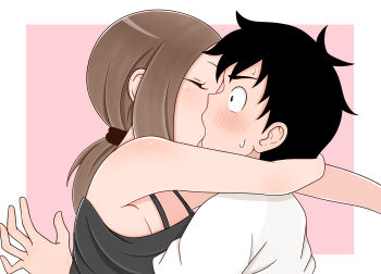 Rule 34 | 1boy, 1girl, absurdres, aged up, bad id, bad pixiv id, bare shoulders, black camisole, black hair, blush, brown hair, camisole, closed eyes, hetero, highres, hug, ito kashiwamochi, karakai jouzu no takagi-san, kiss, nishikata, ponytail, short hair, short ponytail, simple background, surprised, sweat, takagi-san