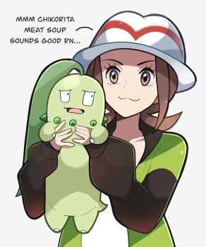 1girl :3 breasts brown_eyes brown_hair chikorita closed_mouth english_text gen_2_pokemon green_jacket harmony_(pokemon) hat highres holding holding_pokemon jacket leaf long_sleeves looking_at_viewer nintendo open_clothes open_jacket open_mouth pokemon pokemon_(creature) pokemon_legends:_z-a shirt smile striped_hat touyarokii white_hat white_shirt