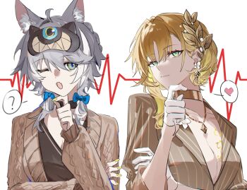2girls ;o ? aglaea_(fashion)_(honkai:_star_rail) aglaea_(honkai:_star_rail) animal_ears black_shirt blonde_hair breast_tattoo breasts brown_sweater cat_ears cat_girl chinese_commentary choker cipher_(honkai:_star_rail) cipher_(sweet_slumber)_(honkai:_star_rail) cleavage commentary_request fang gloves grey_hair grey_shirt hair_ornament hand_up heart highres honkai:_star_rail honkai_(series) looking_at_viewer mask mask_on_head multiple_girls official_alternate_costume one_eye_closed shirt short_hair short_hair_with_long_locks simple_background skin_fang sleep_mask smile speech_bubble spoken_heart spoken_question_mark sweater tattoo upper_body white_background white_gloves xianyuqihaouki yellow_eyes
