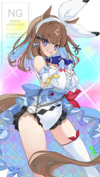 1girl almond_eye_(umamusume) animal_ears blue_eyes blue_gloves blue_hair breasts brown_fur brown_hair cleavage clock closed_mouth colored_inner_hair commentary_request detached_sleeves dress fingerless_gloves gloves hair_ornament hairpin highres horse_ears horse_girl horse_tail large_breasts long_hair long_sleeves looking_at_viewer multicolored_hair multiple_hairpins single_thighhigh smile solo standing star-shaped_pupils star_(symbol) symbol-shaped_pupils tail thighhighs umamusume white_dress white_thighhighs youmou_usagi