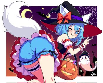 1girl ;q adapted_costume animal_ear_fluff animal_ears ass bare_legs bare_shoulders basket bat_(animal) bent_over black_dress black_hat black_nails bloomers blue_bloomers blue_eyes blue_hair blush blush_stickers border bow breasts candy closed_mouth commentary corrupted_twitter_file crescent crescent_moon detached_sleeves double-parted_bangs dress english_commentary feet_out_of_frame food frilled_dress frilled_sleeves frilled_thigh_strap frills from_behind furry furry_female ghost glowing glowing_eyes gradient_sky hair_between_eyes halloween halloween_bucket hand_up hat hat_bow hat_ribbon highres holding holding_basket indie_virtual_youtuber jack-o&#039;-lantern lgcrx lollipop looking_at_viewer looking_back medium_breasts moon multicolored_dress nail_polish one_eye_closed orange_bow orange_dress orange_sky outdoors outline outside_border petticoat puffy_detached_sleeves puffy_sleeves purple_ribbon purple_sky ribbon short_hair signature sky smile solo spider_web_background split_mouth star-shaped_pupils star_(symbol) sweets swirl_lollipop symbol-shaped_pupils tail thigh_strap tongue tongue_out two-tone_background two-tone_dress underwear v virtual_youtuber white_border white_sleeves white_tail white_wrist_cuffs witch witch_hat wolf_ears wolf_girl wolf_tail wolfychu wrist_cuffs