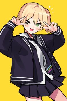 Rule 34 | 1girl, :d, black jacket, black necktie, black skirt, black sweater vest, blonde hair, blush stickers, buttons, collared shirt, commentary request, cowboy shot, double v, green eyes, hands up, highres, jacket, looking at viewer, miniskirt, necktie, nijisanji, notice lines, one eye closed, one side up, open clothes, open jacket, open mouth, open vest, pleated skirt, school uniform, shirt, short hair, simple background, skirt, smile, solo, standing, sweater vest, tachitsute toto, v, v-shaped eyebrows, v over eye, vest, virtual talent academy, virtual talent academy school uniform, virtual youtuber, waka (wk4444), white shirt, yellow background