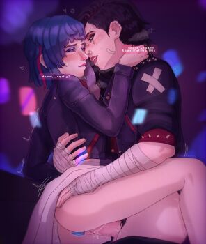 2girls anal anal_object_insertion arcane:_league_of_legends arcane_brawler_vi ass bandaged_arm bandaged_hand bandages black_hair black_jacket black_pants blue_hair blush commentary english_text female_pubic_hair futa_with_female futanari highres incest jacket jinx_(league_of_legends) keni_(kenkogs) league_of_legends long_sleeves multiple_girls object_insertion pants pink_hair powder_(alternate_timeline)_(arcane) pubic_hair sex short_hair siblings sisters vaginal
