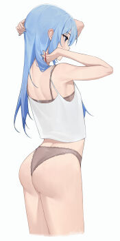 Rule 34 | 1girl, arms up, ass, ass focus, blue eyes, blue hair, blue nails, bra, camisole, cowboy shot, facing to the side, grey bra, grey panties, highres, hololive, hoshimachi suisei, long hair, panties, raeis, simple background, solo, star (symbol), star in eye, symbol in eye, thighs, tying hair, underwear, virtual youtuber, white background, white camisole