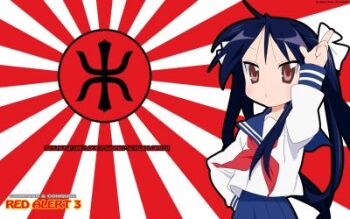 1girl command_&amp;_conquer command_&amp;_conquer:_red_alert command_&amp;_conquer:_red_alert_3 female_focus hiiragi_kagami lowres lucky_star parody red_alert_3 rising_sun_flag school_uniform solo sunburst third-party_edit twintails yuriko_omega