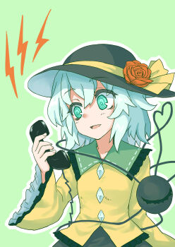 1girl absurdres black_hat buttons collared_shirt commentary_request diamond_button eyeball flower frilled_shirt_collar frilled_sleeves frills green_background green_eyes green_hair green_skirt hat hat_flower hat_ribbon heart heart_of_string highres holding holding_phone komeiji_koishi long_sleeves oninamako open_mouth phone red_flower red_rose ribbon rose shirt skirt smile solo third_eye touhou wide_sleeves yellow_ribbon yellow_shirt