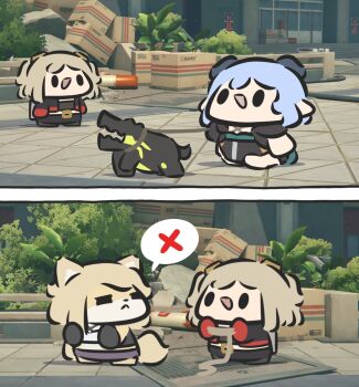 3girls blonde_hair burnice_white chibi closed_mouth ethereal_(zenless_zone_zero) hair_ornament highres holding jacket lucia_elowen multiple_girls open_mouth pulchra_fellini rope screenshot_background smile superappleman zenless_zone_zero