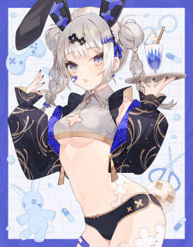 1girl :o absurdres animal_ears bandaid bandaid_on_cheek bandaid_on_face black_hairband black_jacket black_nails black_panties blue_border border bow bow_panties braid breasts collared_shirt commentary_request controller crop_top cropped_jacket double_bun fake_animal_ears food game_controller grey_background grey_shirt grid_background hair_bun hairband hands_up highres holding holding_tray jacket long_hair long_sleeves looking_at_viewer maid_headdress minasenagi nail_polish navel off_shoulder open_clothes open_jacket original panties parted_lips pill puffy_long_sleeves puffy_sleeves rabbit_ears rabbit_tail scissors shirt sleeves_past_wrists small_breasts solo stuffed_animal stuffed_rabbit stuffed_toy tail tray twin_braids twintails underboob underwear wafer_stick